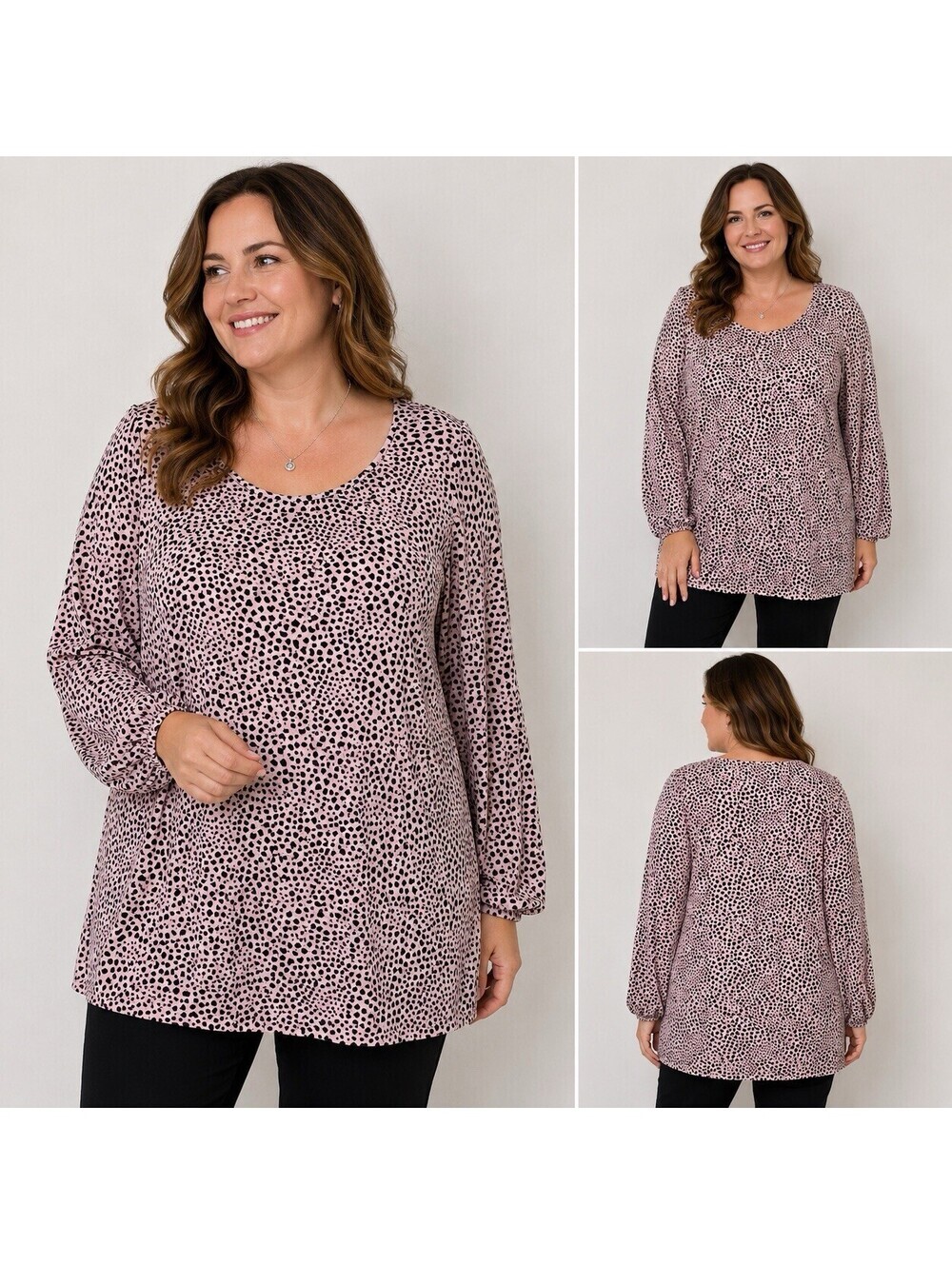 Adrianna Papell Pink Heart Print Tunic Blouse 1X Plus Size Long Sleeve Stretch